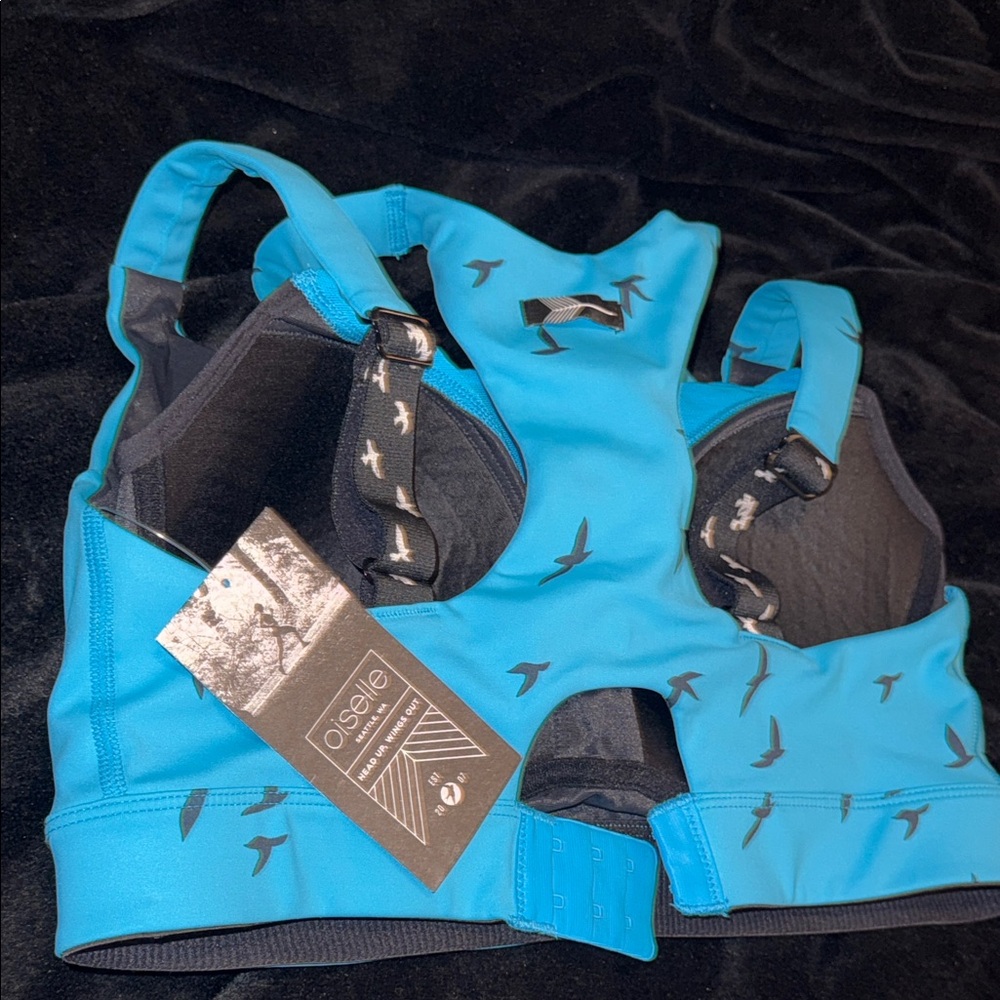 Oiselle Teal Bra with Black Bird Pattern 36C New - Picture 9 of 11